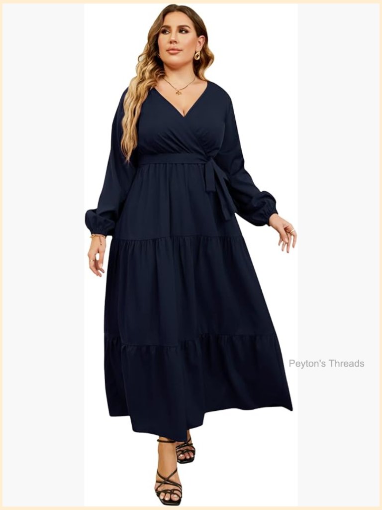 V Neck Wrap Maxi Dress High Waist Long Sleeves Ruffle Hem
